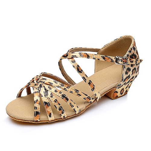 Gesellschaftstanzschuhe für Mädchen - hellbraune Riemchensandalen aus Satin für lateinamerikanische Tänze mit niedrigem Absatz und Fesselriemen Image
