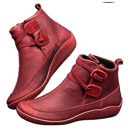 Rote, lässige Damenstiefeletten – weiche, warm gefütterte, flache Stiefeletten aus Kunstleder mit verstellbarem Riemen zum Spazierengehen, Reisen und für Winteroutfits Image