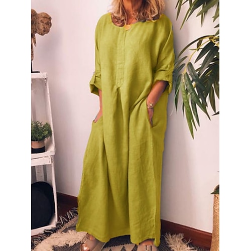 Damen Maxikleid Kunstbaumwollleinen Shiftkleid Sommerkleid Freizeitkleid Urlaub Mode Modern Täglich Outdoor Urlaub Normale Passform Einfach Langarm Rundhalsausschnitt Blau Schwarz Gelb Wein Sommer Image