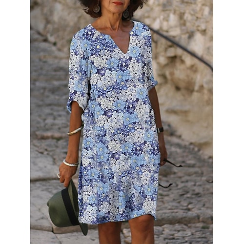 Damen Mini Kleid Petite Kleid T-Shirt Kleid Tee Kleid Shift Kleid Sommerkleid Aktiv Vintage Mode Outdoor Urlaub Reguläre Passform Florale Halblange Ärmel V-Ausschnitt Pink Marineblau Blau Grau Image
