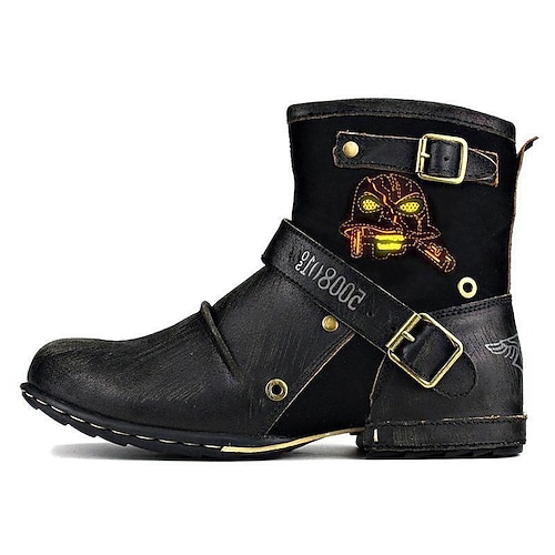 schwarze Motorradstiefel aus Leder für Herren mit Schnallenriemen und aufgesticktem Totenkopf-Design, langlebig und stilvoll für Biker und Freizeitkleidung Image