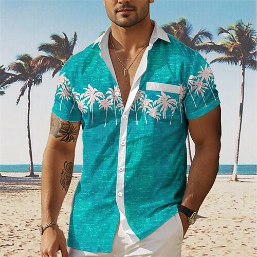 Herren Palme Tropische Pflanzen Hawaiihemd Sommerhemd Aloha-Shirt Bedruckte Hemden Kurze Ärmel Hemd Umlegekragen Hawaiianisch Resort Outdoor Urlaub Festtage Dunkelmarine Blau Orange S M L Image