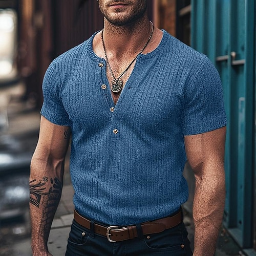 Herren Henley Hemd Muskelshirt Geripptes Strick-T-Shirt T-Shirt Kurze Ärmel Einfach Grubenstreifen Mode Designer Basic Henley Urlaub Straße Ausgehen Sommer Weiß Blau Dunkelgrau Henley T-Shirt Image