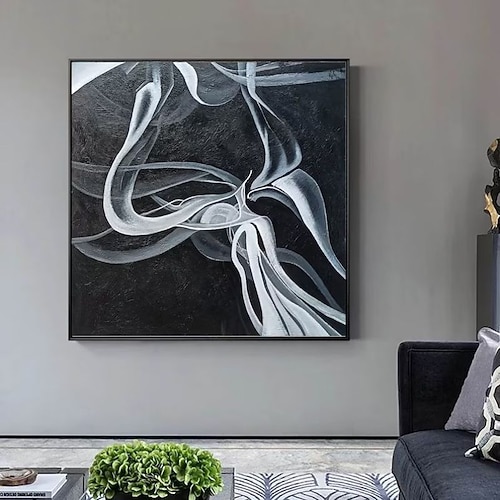 Handgefertigtes Ölgemälde auf Leinwand, Wandkunst, Dekoration, modern, abstrakt, schwarz, weiß und grau, einfache Linien für die Inneneinrichtung, gerolltes, rahmenloses, ungedehntes Gemälde Image