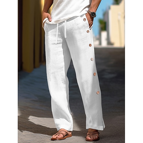 Leinen Baumwoll Mischung Herren Leinenhosen Hose Sommerhose Baggy-Hosen Kordelzug Elastischer Bund Seitenknopf Einfach Bequem Atmungsaktiv Täglich Urlaub Büro / Karriere Klassisch Lässig Schwarz Weiß Image