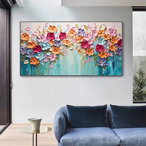 handgemaltes buntes Blumenölgemälde auf Leinwand, großes handgemachtes Wandkunst-Abstraktes 3D-Blumengemälde, Wanddekoration, Landschaftsmalerei, minimalistisches Gemälde für Wohnzimmerdekoration Image