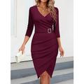 Damen Arbeitskleidung Etuikleid Semi formelles Kleid Elegant B¨¹ro Täglich Arbeitsmode Midikleid Rüschen V Ausschnitt 3/4 Ärmel Glatt Regular Fit Schwarz Weiß Wein Herbst Winter S M L XL XXL