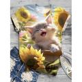 Damen T-Shirt, modisch, lustig, Blumen-/Katzen-Print, kurzärmlig, normale Oberteile, Rundhalsausschnitt, Urlaub, Wochenende, schwarz, gelb, rot, blau, braun, Frühlingamp; Sommer