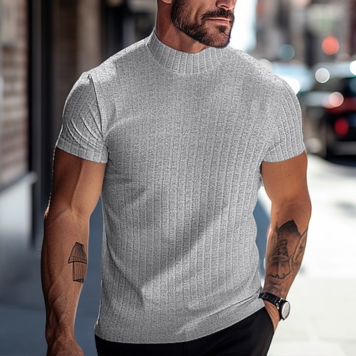 Herren T Shirt Muskelshirt Geripptes Strick-T-Shirt T-Shirt Kurze Ärmel Rollkragen Sommer Einfach Grubenstreifen Mode Designer Basic Schmale Passform Urlaub Straße Ausgehen Dunkelgrau Schwarz Weiß Image