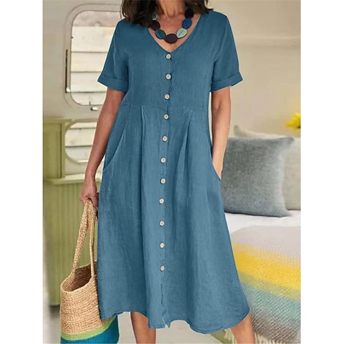 Damen Midikleid Shiftkleid Hemdblusenkleid Weißes Kleid Baumwoll-Leinen-Kleider Urlaub Basic Modern Täglich Wochenende Lässiger Schnitt Einfach Kurzarm V Ausschnitt Blau Armeegrün Schwarz Weiß Sommer Image