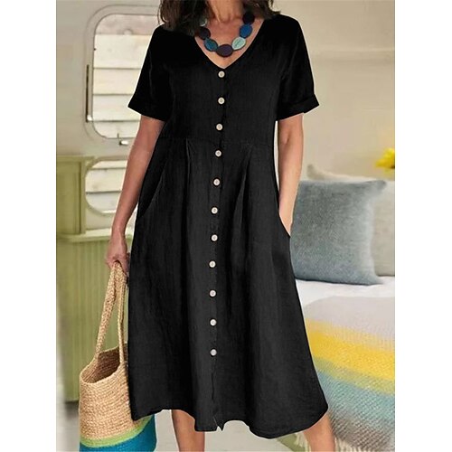 Damen Midikleid Shiftkleid Hemdblusenkleid Weißes Kleid Baumwoll-Leinen-Kleider Urlaub Basic Modern Täglich Wochenende Lässiger Schnitt Einfach Kurzarm V Ausschnitt Blau Armeegrün Schwarz Weiß Sommer Image
