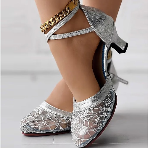 Damen-Tanzschuhe mit goldener und silberner Spitze, Knöchelriemen und mittlerem Absatz für lateinamerikanischen Tanz und Salsa Image