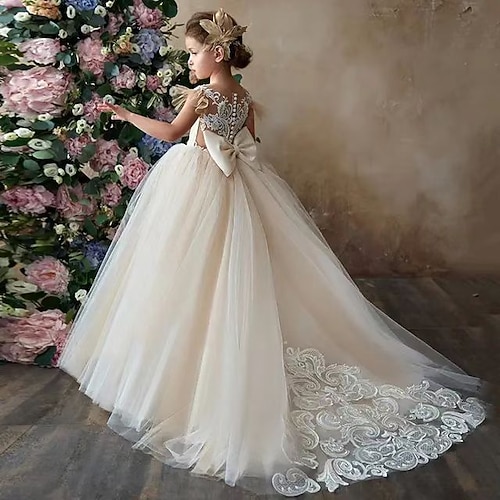 Blumenmädchenkleid Mädchen Kleid für die Erstkommunion Party Kleid Leistung Hochzeit Party Prinzessin Süß Gitter Feste Farbe Ärmellos Rundhalsausschnitt Weiß Champagner 2-12 Jahre Image
