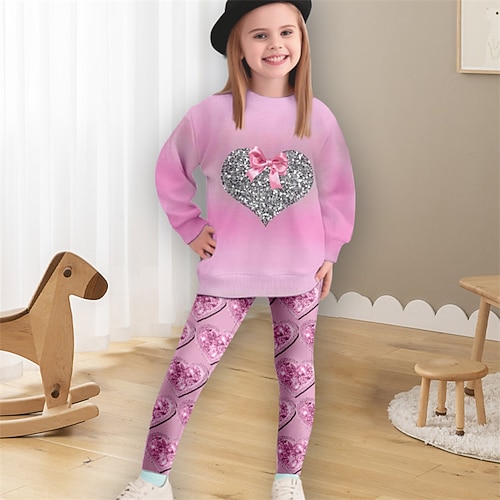 Mädchen 3D Krone Set aus Sweatshirt und Leggings Rosa Langarm 3D-Druck Frühling Herbst Aktiv Modisch Täglich kinderkleidung 3-12 Jahre Rundhalsausschnitt Outdoor Urlaub Verabredung Regular Fit Image