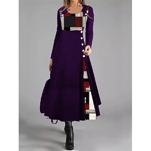 Freizeitkleid für Damen, A-Linie, geometrisch, Patchwork, Knopfleiste, lange Ärmel, Rundhalsausschnitt, schwarz, rot, Arbeit, Herbst, Winter, weich, bequem, regulär