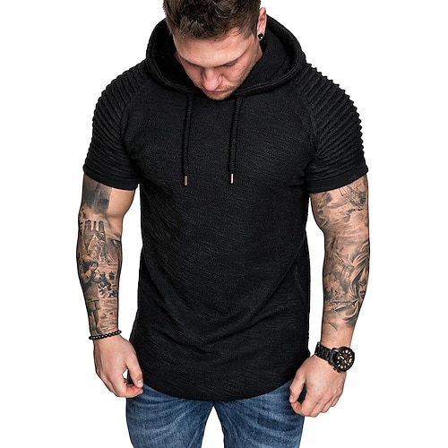 Herren T Shirt T-Shirt Kurze Ärmel Mit Kapuze Sommer Einfach Schmale Falten Mode Sport Basic Urlaub Straße Ausgehen Schwarz Weiß Marinenblau Top T-Shirt für Herren Image