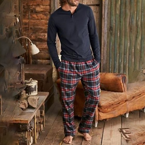 Herren Hausanzug Schlafanzüge Schlafanzug Set Pyjama-Oberteil und Hose 2 Stück Plaid Stilvoll Brautkleider schlicht Komfort Heim Täglich Baumwollmischung Komfort Henley Langarm T Shirt Hose Kordelzug Image