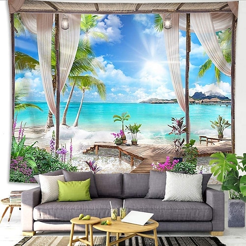 Wandteppich Kunst Dekor Decke Vorhang Picknick Tischdecke hängen zu Hause Schlafzimmer Wohnzimmer Wohnheim Dekoration Urlaub Urlaub Landschaft Meer Ozean Strand Kokosnussbaum Wandtuch XXL Natur Image
