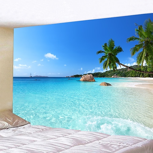 Wandteppich Kunst Dekor Decke Vorhang Picknick Tischdecke hängen zu Hause Schlafzimmer Wohnzimmer Wohnheim Dekoration Urlaub Urlaub Landschaft Meer Ozean Strand Kokosnussbaum Wandtuch XXL Natur Image