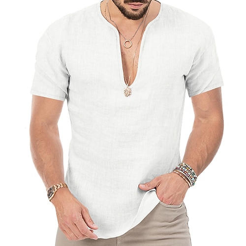 Herren Sommerhemd Lässiges Hemd Strandhemd Glatt Hawaiianisch Festtage Schwarz Weiß Blau Khaki Kurzarm V Ausschnitt Frühling Sommer Bekleidung Grundlegend Image