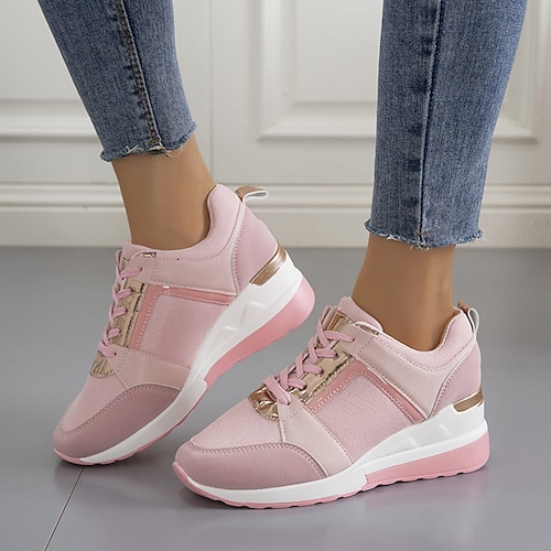 Damen-Sneaker mit Keilabsatz, Übergröße, höhenverstärkende Schuhe, Outdoor, täglicher Farbblock, Sommer, runde Zehenpartie, sportlich, klassisch, lässig, Tennisschuhe, Walking, Schnürschuhe, grau, rosa, weiße Sneakers Image