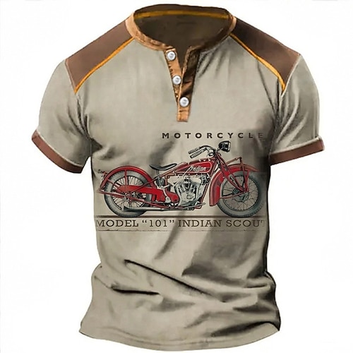 Herren Grafik Motorrad Henley Hemd Kurzarm 3D-Druck Mode Designer Bequem Täglich Outdoor Sommer Blau Himmelblau Braun Khaki Henley Henley T-Shirt Image