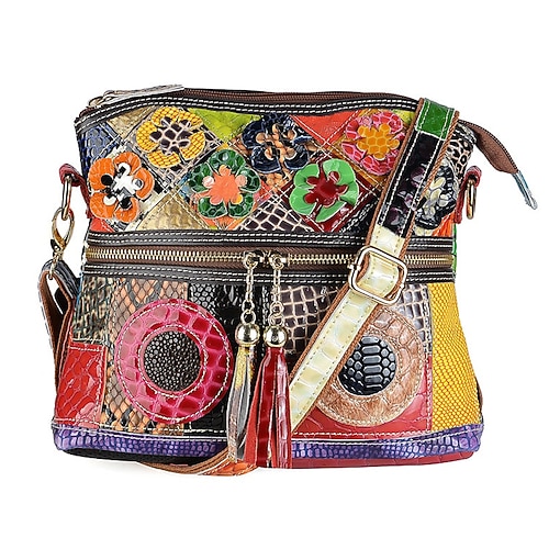 Bunte Patchwork-Umhängetasche aus Leder für Damen - Handtasche im Bohème-Stil mit floralen Akzenten