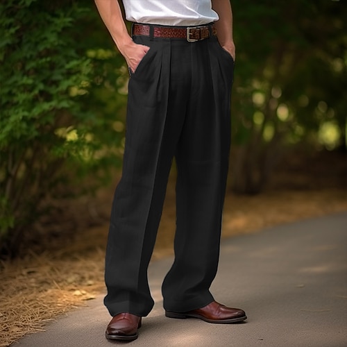 Herren Leinenhosen Hose Sommerhose Fronttasche Falten Gerader Schnitt Einfach Komfort Atmungsaktiv Lässig Täglich Ferien Mode Basic Schwarz Weiß Image