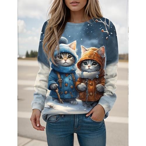 Damen Sweatshirt Pullover Katze Casual Sport Print Sportbekleidung Festival Rundhals Langarm Top Mikroelastisch Herbstamp; Winter
