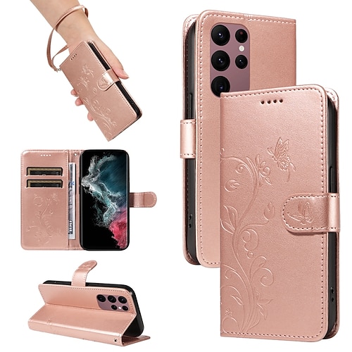 Handy Hülle Handyhüllen Für Samsung Galaxy S26 Ultra Plus S25 S24 S23 S22 S23 FE S21 Ultra Plus A34 A54 A73 Brieftaschenhülle Geprägt Vollschutz Mit Handgelenkschlaufe Baum Schmetterling TPU PU-Leder Image