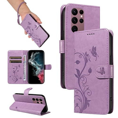 Handy Hülle Handyhüllen Für Samsung Galaxy S25 S24 S23 S23 FE S22 S21 Ultra Plus A34 A54 A73 A53 Brieftaschenhülle Geprägt Vollschutz Mit Handgelenkschlaufe Baum Schmetterling TPU PU-Leder Image