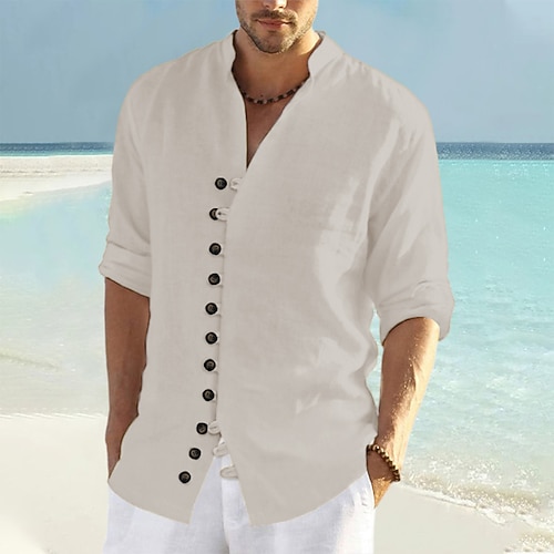 Herren Hemd Leinenhemd Sommerhemd Strandbekleidung Knopfhemd Einfach Urlaub Kreuzfahrt Schwarz Weiß Rosa Blau Langarm Kragen Frühling Sommer Bekleidung Image