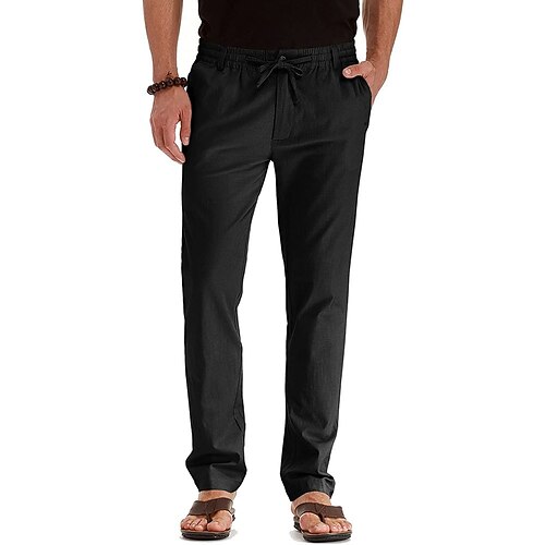 Herren Leinenhose Hose Hosen Sommerhosen Elastische Taille Multi Pocket Glatt Komfort Atmungsaktiv In voller Länge Geschäft Casual Basic Brautkleider schlicht Schlank Schwarz Weiß Mikro-elastisch Image