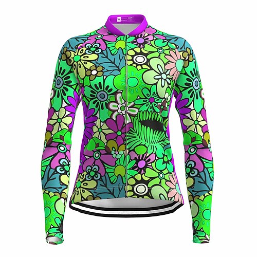 Damen Radtrikot Regenbogen Blumenmuster LGBT Langarm Fahhrad Trikot Oberteil mit 3 Gesäßtaschen Mountainbike MTB Straßenradsport Schnelltrocknend Reflektierende Streifen Rückentasche Image