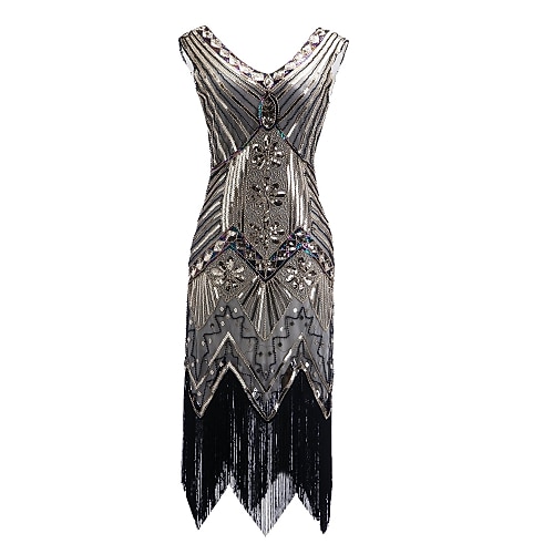 Goldene Zwanziger 1920er Cocktailkleid Knielang Flapper Kleid Kleid Abschlussballkleid Ärmellos Der große Gatsby Charleston Hochzeitsgast Quastenfransen V Ausschnitt Kostüm Damen Hochzeit Party Image