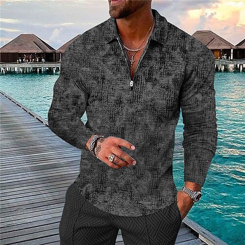 Herren Geometrisch Hawaiianische Polohemden Golfshirt Langarm Polo-Shirts Hemden mit Kragen Lässig Strandbekleidung Urlaubskleidung Party-Outfits 3D-Druck Viertelreißverschluss-Poloshirt Gelb Image
