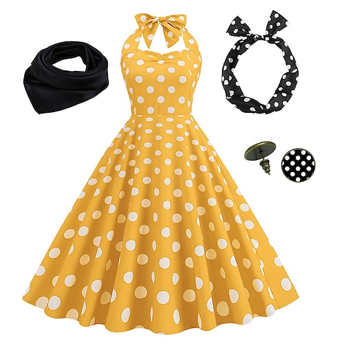 Elegantes Pünktchen Retro Vintage Grease Outfits A-Linien-Kleid Swing Kleid Schlagkleid Püppchen Pünktchen Schickes Kleid Damen Party Abend Damenkleid Stirnband Heimkehrkleider Image