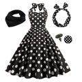 Damen-Rockabilly-Kleid in A-Linie, gepunktet, Neckholder, Swing-Kleid, ausgestelltes Kleid mit Zubehör-Set, 1950er-60er-Jahre, Retro-Vintage-Stil, mit Stirnband, Schal, Ohrringen, Katzenbrille, 5