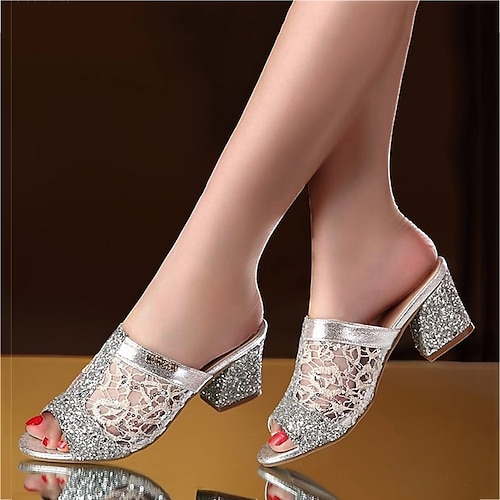 Damen Pantoletten mit Glitzer und goldener Spitze und Blockabsatz – elegante Peep-Toe-Sandalen zum Hineinschlüpfen für Partys und Abendgarderobe Image