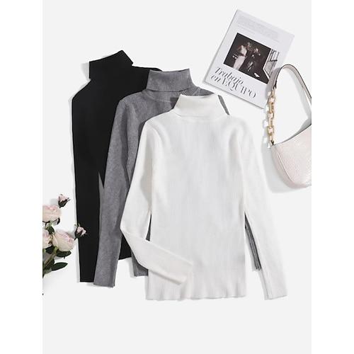 Damen Pullover Basic Brautkleider schlicht Feste Farbe Gerippt Rollkragen Strick Dünn Langarm Stricken Täglich SchwarzWeißGrau SchwarzAprikoseBraun Herbst Winter