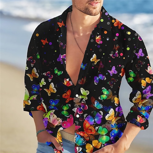 Herren Schmetterling Hemd Sommer Hawaiihemd Alohahemd Langarm Hemd Umlegekragen Mode Streetwear Designer Outdoor Straße Lässig Blau Gelb Purpur S M L Image