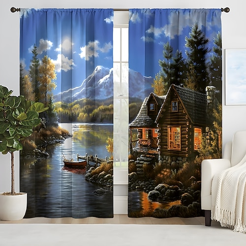 2 Paneele Waldhaus-Vorhang, Verdunkelungsvorhang für Wohnzimmer, Schlafzimmer, Küche, Fensterbehandlungen, wärmeisolierte Raumverdunkelung Image