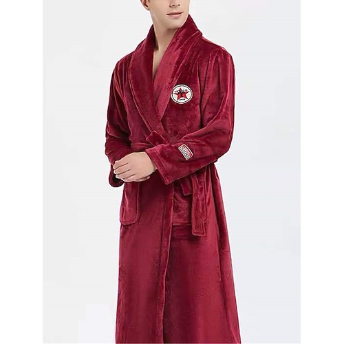 Herren Schlafanzug Morgenmantel Bademantel Glatt Stilvoll Brautkleider schlicht Komfort Heim Täglich Bett Flanell Komfort Warm Kargen Langarm Tasche Gürtel inbegriffen Herbst Winter Wein Marineblau Image