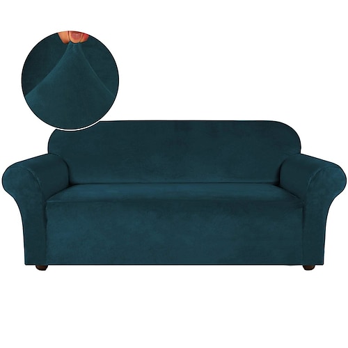 Stretch-Sofabezug, Schonbezug, elastischer Samt, Sofagarnitur, Sessel, Zweisitzer, burgunderrot, 4- oder 3-Sitzer, L-Form, einfarbig, weich, strapazierfähig Image