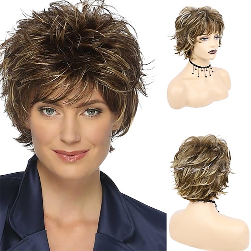 kurze graue lockige perücken für frauen kurze graue gewellte perücke natürlich aussehende gemischte graue perücke synthetische haarersatzperücken für den täglichen parteigebrauch Image