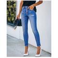 Damen-Jeans mit niedrigem Bund, Hose im Distressed-Stil, knöchellang, Denim, Seitentaschen, ausgeschnitten, mikroelastisch, mittlere Taille, modisch, lässig, Wochenende, hellblau, S, M, Sommer,