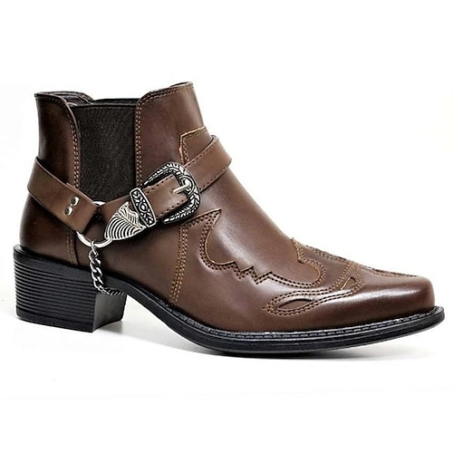 Schwarze Western-Motorradstiefel aus Kunstleder für Herren mit Schnallenriemen und gestickten Details – Stiefeletten für Biker und Freizeit Image