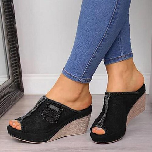 Damen-Keilsandalen aus Denim – offenes Design mit ausgefranstem Saum und Taschendetail, lässige Slip-On-Pantoletten für den Alltag Image
