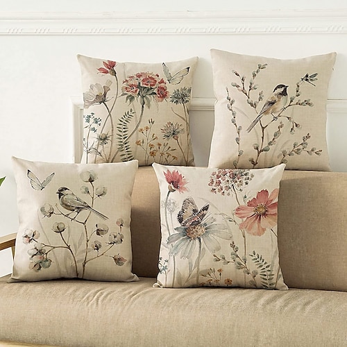 Blume, Vogel, Schmetterling, doppelseitiger Kissenbezug, 4-teilig, weicher dekorativer Kissenbezug für Schlafzimmer, Wohnzimmer, Sofa, Couch, Stuhl, maschinenwaschbar Image