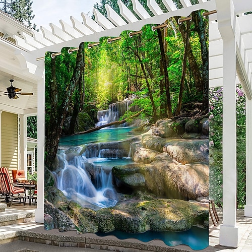 Wasserdichter Outdoor Vorhang Sichtschutzvorhang für den Außenbereich, Schiebevorhänge für die Terrasse, Pergola-Vorhänge mit Ösen, 3D-Waldlandschaft für Pavillon, Balkon, Veranda, Party, 1 Panel Image